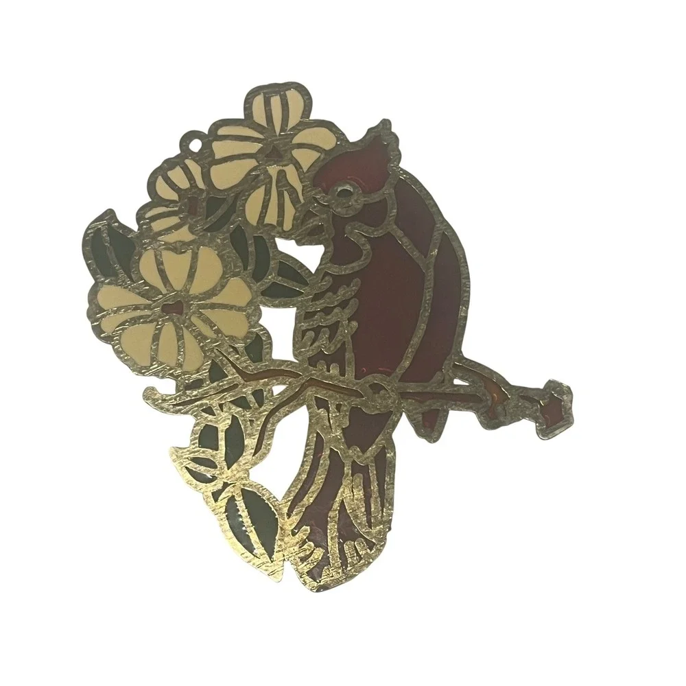 Stained Glass Cardinal Bird Ornament with Flowers Metal‎ Suncatcher
